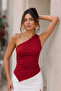 Women's Burgundy One-Shoulder Asymmetrical Draped Blouse