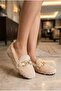 Women's Beige Lux Plush Comfortable Ballerina Shoes with Chain Accessories, Suitable for Home and Daily Wear