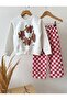 Girl's Cat Printed Ecru Sweatshirt and Red Checkered Patterned Sweatpants Set - 2