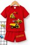 Excavator Printed Children's Red Shorts T-Shirt - Set - Children's Summer Crew Neck