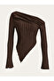 Dark Brown Asymmetrical Collar One-Shoulder Long Sleeve Women's Blouse Ribbed Pointed Cut Bitter Coffee Stylish Blouse - 3