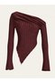 Burgundy Asymmetrical Collar One-Shoulder Long Sleeve Women's Blouse Ribbed Pointed Cut Stylish Blouse - 5
