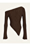 Dark Brown Asymmetrical Collar One-Shoulder Long Sleeve Women's Blouse Ribbed Pointed Cut Bitter Coffee Stylish Blouse - 2