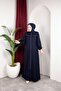 Winter Chenille Fabric Detachable Hooded Stone Detailed İclal Ferace (Navy Blue) - 8