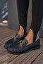 Ginto Women's Black Genuine Leather Glittered Loafer Shoes - 2