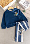 Boy's Cotton Navy Blue Sweatshirt and Striped Bottoms Set - 2