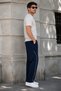 Men's Navy Blue Ribbed Baggy Sweatpants Comfortable Fit Wide Leg 2 Straps - 4