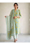 Mint Green & Yellow Floral Printed Viscose Three-Piece Suit Set - ALV2262 | Mint Green-Yellow-Size:XL-42-Inches