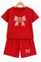 Pink Bear Teddy Bear Ribbon Printed Red Children's Shorts T-Shirt Set - Printed Girls' Set