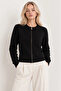 Women's Black Zippered Crew Neck Patterned Premium Knitwear Cardigan (Size S/M)