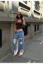 Trend Special Design Flexible Waist with Stopper and Elasticated Waist and Legs Laser-Cut Denim-3 Thread Baggy Pants - 4