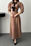 Camel Front Low-Cut Long Dress with Bow Garnish - 4