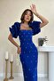 Cobalt Blue Embroidered Sleeve Garnished Dress - 3