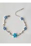 Bracelet-Blue Cherry Blossom Leaf Detail Stone Inlaced Silver Color Steel Bracelet - 4