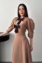 Camel Front Low-Cut Long Dress with Bow Garnish - 3