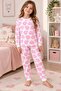 Girls Cotton White Pink Heart Patterned Long Sleeve Crew Neck Pajama Set