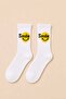 Smile Written Smiling Face Patterned White Unisex Socks