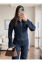 Navy Blue Double Zipper Denim Suit