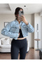 Blue Sleeve Pocket Crop Denim Jacket - 3