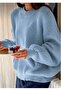 Blue Oversized Crew Neck Women's Knitwear Sweater - 5