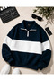 Premium Unisex Petrol Blue Color Striped Half Zipper Detailed Polo Collar Sweatshirt