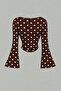 Dark Brown White Polka Dot Boat Neck Spanish Sleeve Gathered Long Sleeve Blouse, Bitter Coffee Polka Dot Blouse - 2