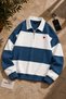 Premium Unisex Petrol Blue Striped Heart Printed Polo Collar Sweatshirt with Half Zipper Detail