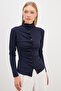 Pleated Front Stand Collar Shirt with Draped Sides - 6