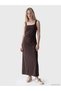 Brown Square Neck Gathered Bodycon Dress