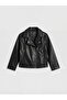 Black Biker Collar Girls' Leather Look Jacket