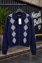 Women's Navy Blue College Style Argyle Pattern Buttoned Knitwear Cardigan Nbht06