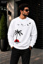 Men's Palm Tree Sun and Bird Illustration Printed Crew Neck Casual Regular Fit Sweatshirt