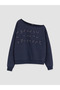 Anthracite Boat Neck Embroidered Oversize Women's Sweatshirt