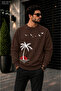 Men's Palm Tree Sun and Bird Illustration Printed Crew Neck Casual Regular Fit Sweatshirt