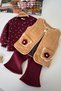 Baby Girl 3-Piece Set with Flower Pocket Detail and Plush Vest - Burgundy - 3