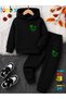 Green Suliyet Printed Thick Winter Hooded Top/Bottom Children's Tracksuit Set (Pockets on the Bottom of the Pants)