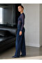 Women's Navy Blue Elastic Tulle Fabric Long Sleeve Crew Neck Bottom Snap Bady Suit Blouse - 4