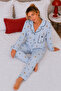 Reported Viscose Buttoned Overlocked Long Sleeve Patterned Pajama Set