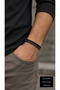 Fenriso Steelstud Black Leather Men's Bracelet - Silver Tone Beaded Stripe Design
