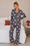 Reported Viscose Buttoned Overlocked Long Sleeve Patterned Pajama Set - 2