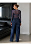 Women's Navy Blue Elastic Tulle Fabric Long Sleeve Crew Neck Bottom Snap Bady Suit Blouse - 3