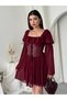Women's Burgundy Mini Dress with Corsage Detail, Chiffon Sleeves, Lace-Up and Flounces - 5