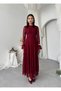 Women's Burgundy Lace Midi Dress with High Collar, Long Sleeves, A-Line, Event Dress - 6