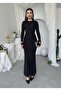 Women's Black Midi Dress Crew Neck Long Sleeve Side Gathered Slim Fit - 4