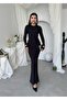Women's Black Midi Dress Crew Neck Long Sleeve Side Gathered Slim Fit - 5