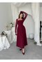 Women's Burgundy Midi Dress Square Neck Lace Long Sleeve Flared Skirt Event Elegance - 8