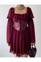 Women's Burgundy Mini Dress with Corsage Detail, Chiffon Sleeves, Lace-Up and Flounces - 2