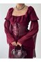 Women's Burgundy Mini Dress with Corsage Detail, Chiffon Sleeves, Lace-Up and Flounces - 3