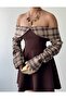 Women's Coffee Mini Dress Strapless Collar Plaid Long Sleeve Flared Cut - 3
