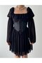 Women's Black Mini Dress with Corsage Detail, Chiffon Sleeves, Lace-Up and Flounces - 2